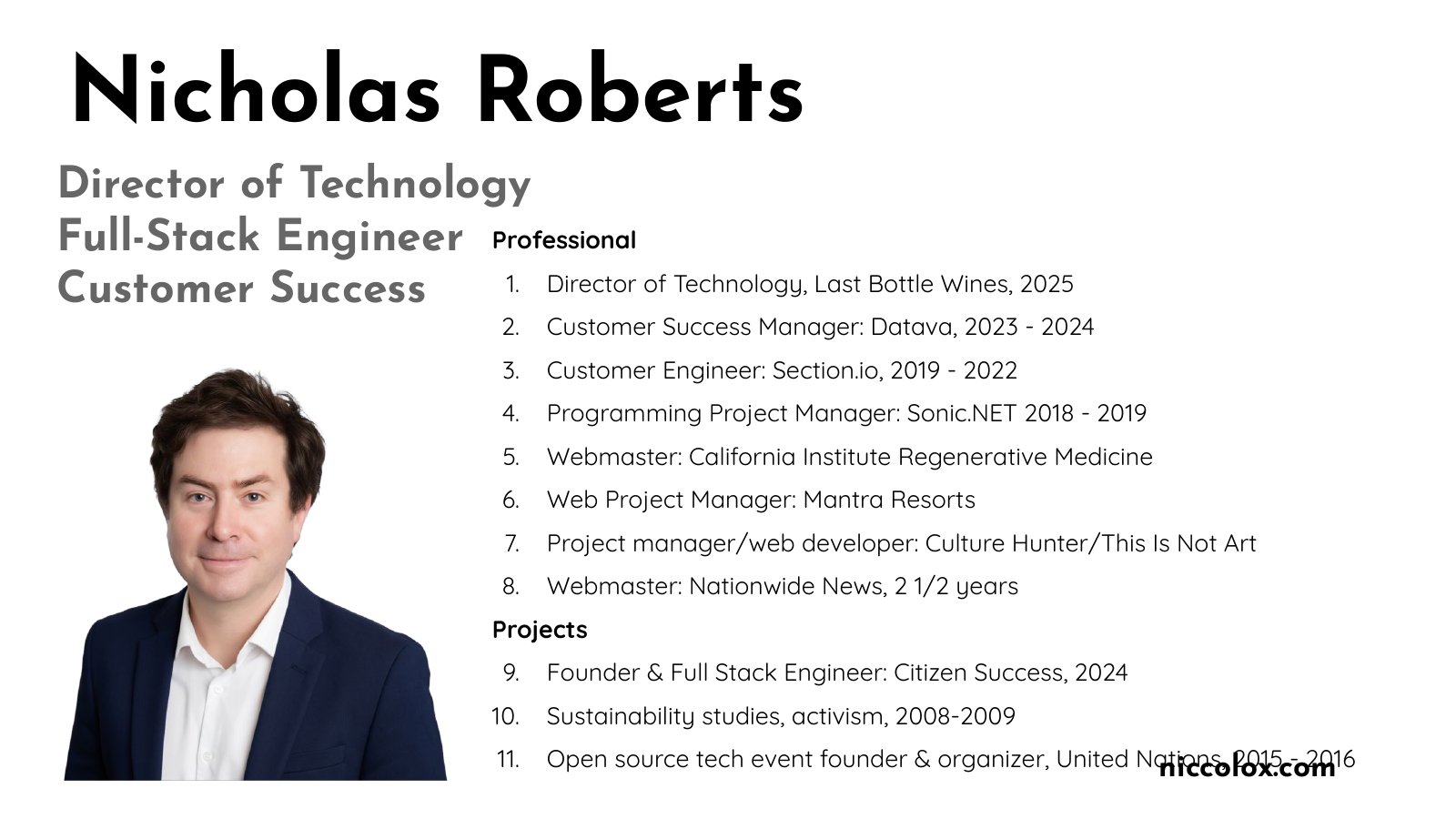 Portfolio opening slide with Nicholas Roberts’s portrait and an overview of professional roles and independent projects