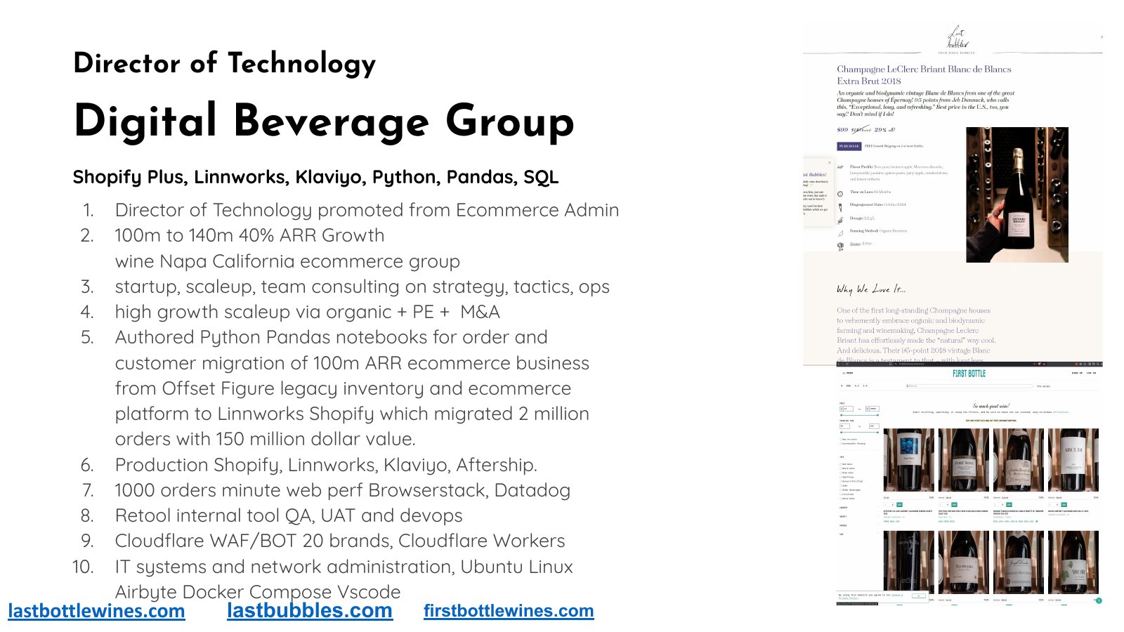 Digital Beverage Group portfolio slide describing the Shopify and Linnworks migration with wine storefront screenshots