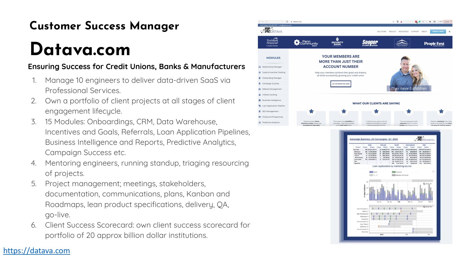 Datava portfolio slide showing customer-success responsibilities and financial-services product interfaces