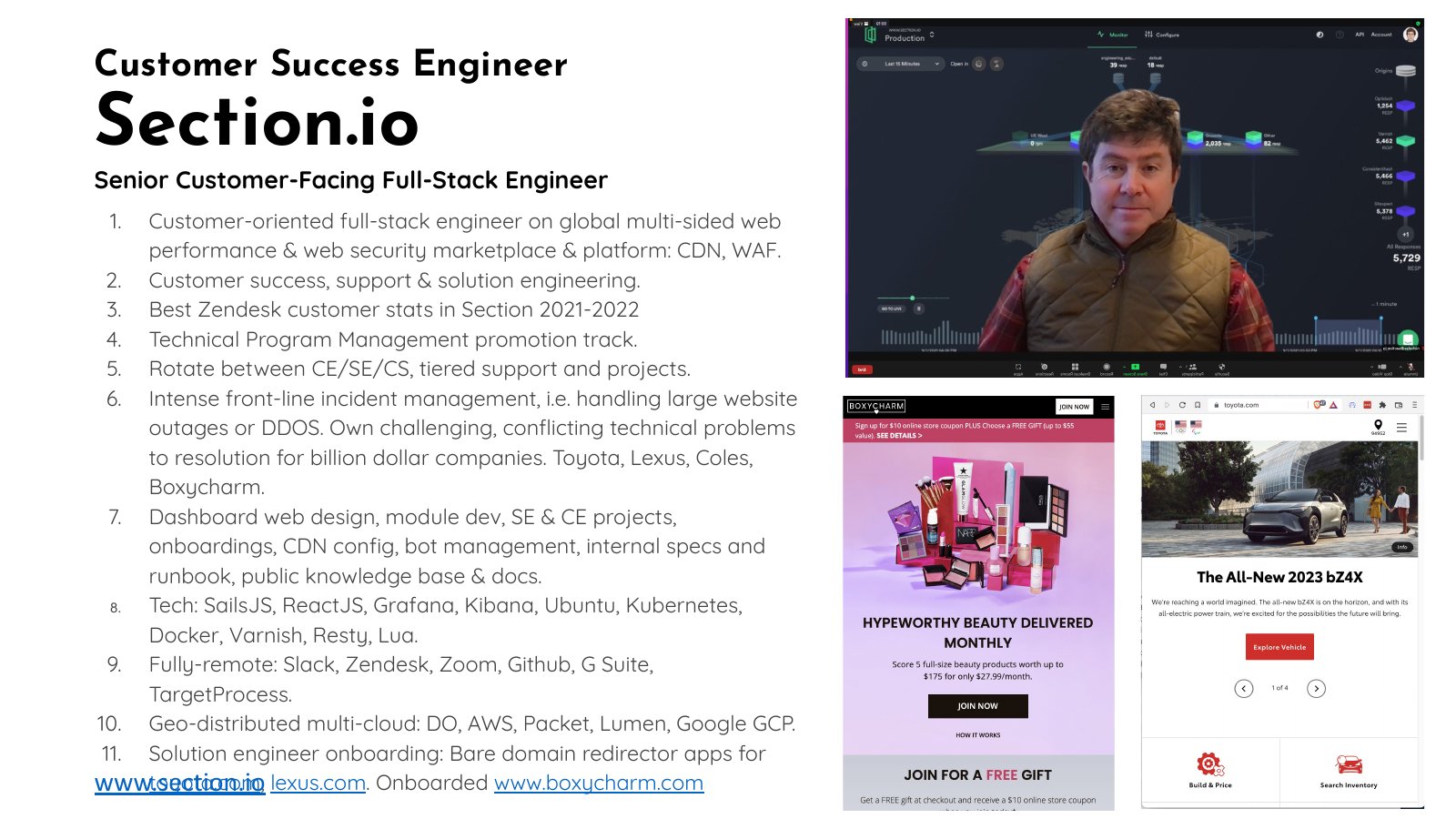 Section.io portfolio slide covering customer engineering, cloud infrastructure, and enterprise website delivery