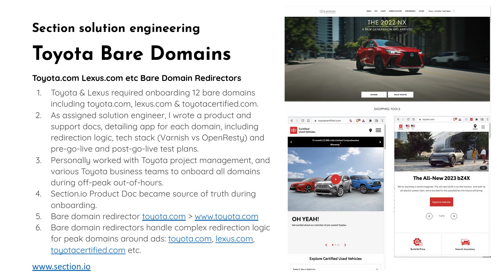 Toyota and Lexus portfolio slide describing twelve bare-domain redirectors and showing automotive website examples