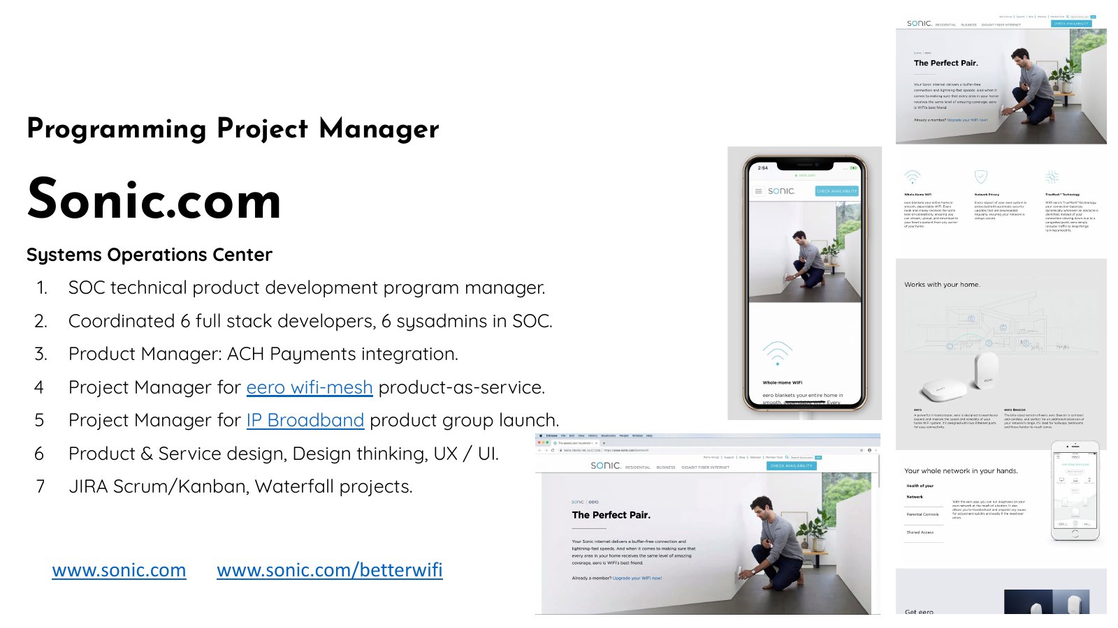 Sonic portfolio slide with broadband and Wi-Fi service screenshots and Systems Operations Center delivery responsibilities