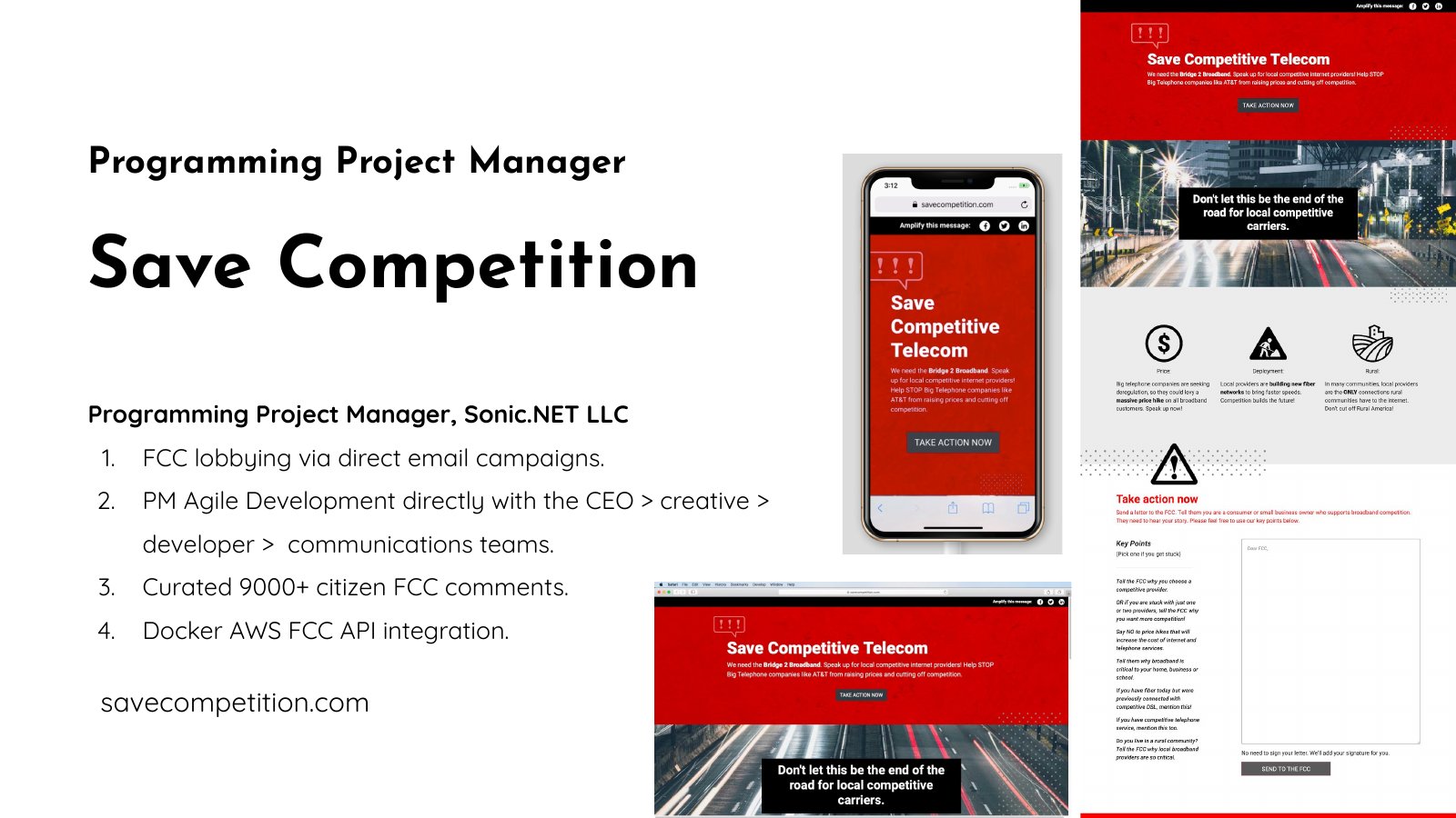 Save Competition portfolio slide with campaign website screenshots and a summary of FCC comment and integration work