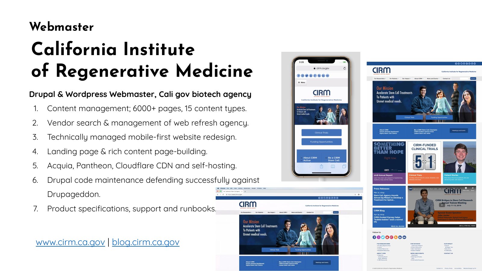 California Institute for Regenerative Medicine portfolio slide with mobile and desktop website examples and content-management responsibilities