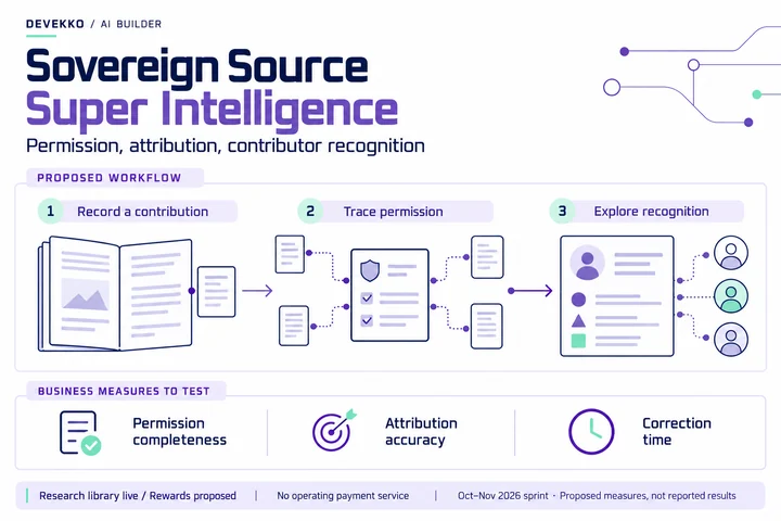 Sovereign Source proposed workflow: record a contribution, trace permission, and explore recognition. Proposed measures are permission completeness, attribution accuracy, and correction time.