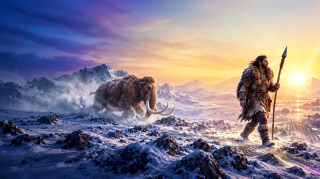 Cyberpolycrisis Digital Younger Dryas artwork: a man and woolly mammoth crossing a snowy landscape toward sunrise