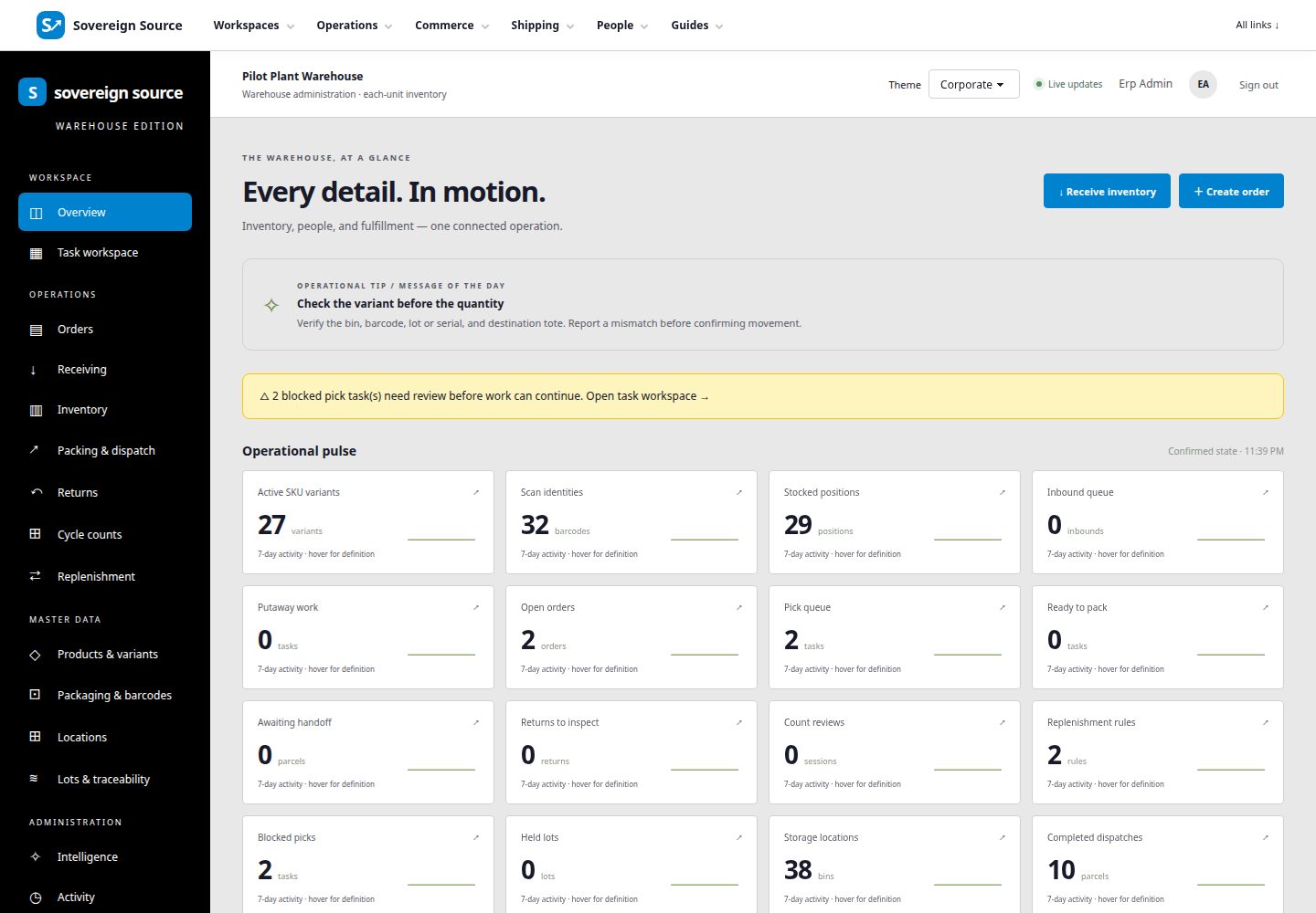 SaaSx2x warehouse pilot showing inventory, picking, and fulfillment operations with demo data