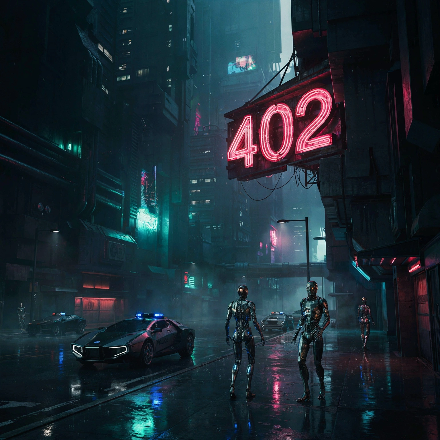 Neon 402 sign above robots in a futuristic city street